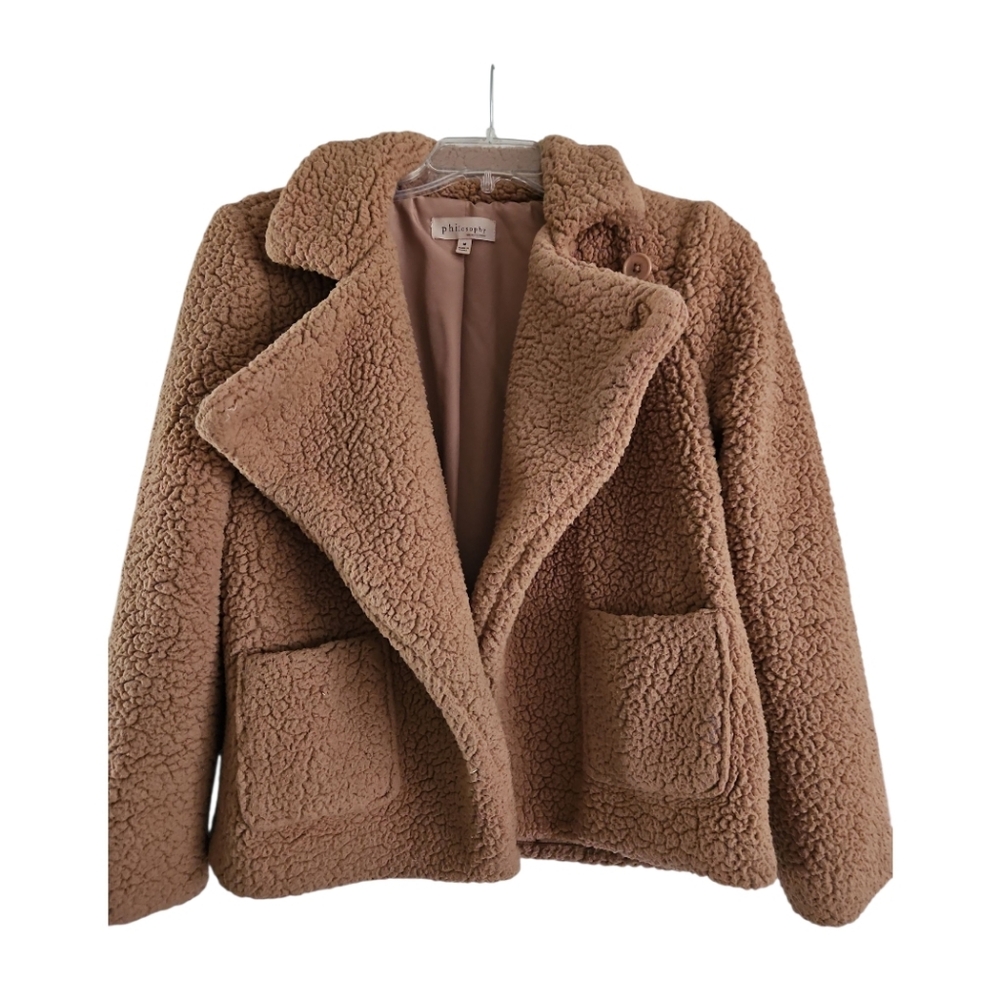 Philosophy Teddy Jacket M Tan Khaki Collar Pockets Lined Faux Sherpa